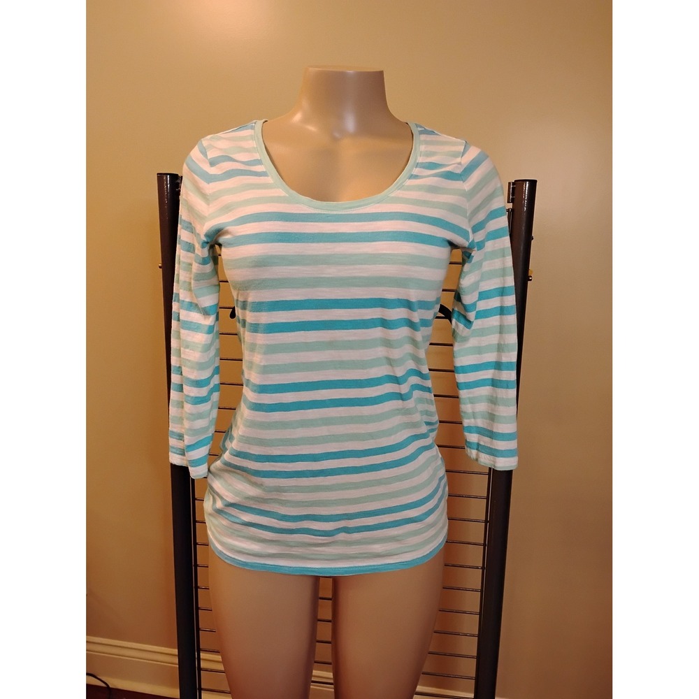 LL Bean Womens Striped Long Sleeve Scoop Neck Cotton Tee Teal White 288580 S